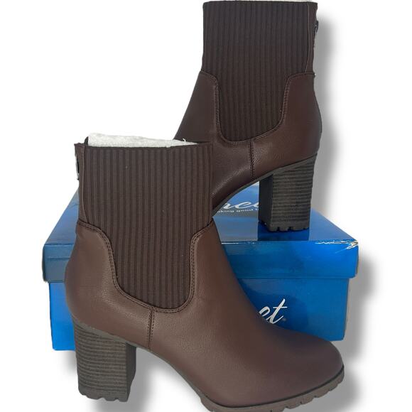 NEW Easy Street Brown Chunky Mid Calf Booties Size 9.5 Lug Ribbed Knit Heel Boot - Picture 3 of 9
